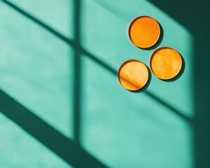 Aufkleber - Minimalist Geometric Harmony Abstract Citrus Circles on Teal Backdrop - Contemporary Design Visualization for Innovative Brand Storytelling