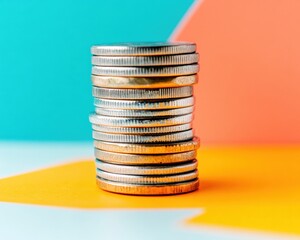Poster - Vibrant Financial Growth Strategy Minimalist Coin Stack Visualizing Investment Potential with Contemporary Color-Block Design for Modern Wealth Management