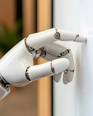 Poster - Futuristic AI Interaction Precision Robotic Hand Exploring Minimalist Space - Next-Gen Technology Meets Human-Machine Symbiosis in Advanced Automation Design