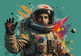 astronaut with paint on turquoise background. creative concept. space exploration and travel, cosmos