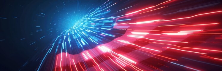 Poster - American flag neon light trails with motion blur effect. Glowing red, white and blue stripes fly. Speed lines tech background. USA patriotic celebration wallpaper. Independence day backdrop.