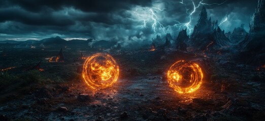 Aufkleber - Magical powers unleashed in fiery battle fantasy realm digital art dark environment wide angle epic concept