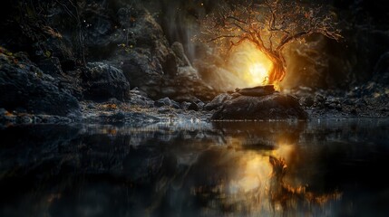 Poster - Tranquil scene of glowing tree enchanted forest digital art mystical setting serene viewpoint for serenity