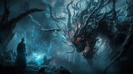 Poster - Epic confrontation with a mythical beast enchanted forest fantasy art dark atmosphere dramatic perspective imagination
