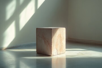 Leinwandbilder - A minimalist marble cube sits on a polished floor, softly illuminated by natural light, creating a tranquil atmosphere in an airy space.