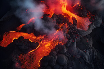 Wall Mural - volcano eruption from a bird view. volcano crater and magma flow shot from above. genertated ai.
