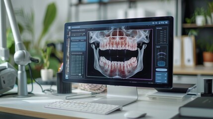 Fototapete - A clear dental X ray shows a detailed view of teeth and jaw, on a computer in a well organized dental office featuring greenery and a minimalist design.
