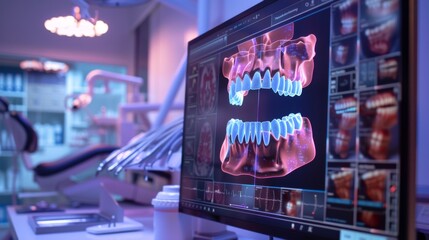 Fototapete - High tech dental software showcases detailed imaging of teeth and gums in a contemporary dental office setting. Bright lighting enhances the sterile atmosphere, promoting patient comfort.
