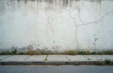 Poster - Big empty old cracked wall with whitewash over sidewalk on city street. Aged building facade. Concrete cement surface with grunge texture near way and grass.
