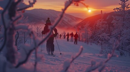 Poster - A group of skiers navigate a snow covered trail as a vibrant sunset casts warm hues over the mountains, creating a serene and picturesque winter evening atmosphere.