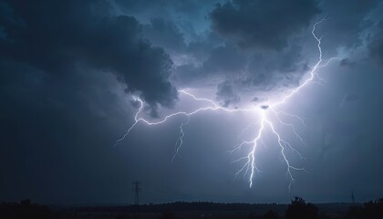 Wall Mural - night dark stormy sky with lightnings strikes. rain thunderstorm weather, power electric energy flas