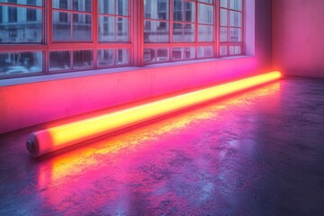 Aufkleber - A vibrant neon light illuminates a modern urban space, casting colorful reflections on the floor. Ideal for showcasing creativity and contemporary design.