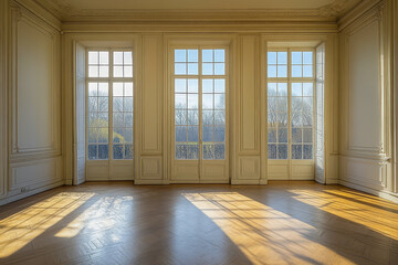 Poster - Bright interior of a spacious room with large windows overlooking a serene landscape in the morning light