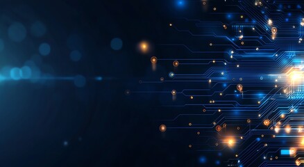 A futuristic digital background featuring glowing circuits and lights, symbolizing connectivity and innovation. Ideal for presentations or as a backdrop for tech-related content.