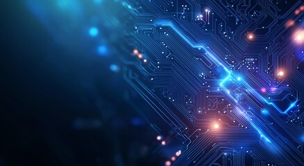 A close-up view of intricate blue circuit board patterns illuminated by vibrant lights, representing the fusion of technology and innovation in modern electronics.