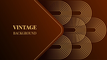 Dark brown gradient abstract background with gold wavy lines design. Vintage geometric pattern. Retro poster or web banner template. Blended lines	
