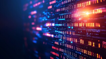 A captivating abstract image showcasing a colorful digital data stream, with binary code and vibrant lights representing advanced technology and data processing.