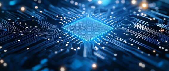 Close-up view of a modern microchip with intricate circuitry. The blue tones and glowing elements highlight the technological advancements in electronics and computing.