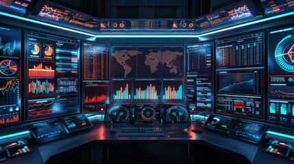 Fototapete - A control room filled with multiple screens showcasing various data visualizations, world maps, and financial charts, illuminated by blue and orange lights during nighttime.