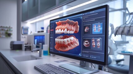 Fototapete - A dental clinic features a sleek computer workstation with a high resolution screen displaying intricate 3D models of teeth and gums, highlighting dental health analysis for a patient consultation.