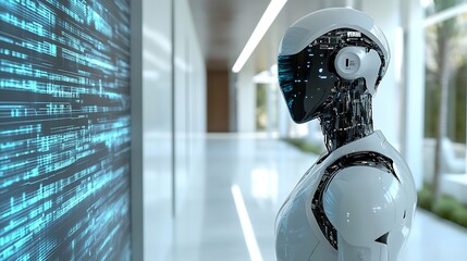 Futuristic robot analyzing digital code