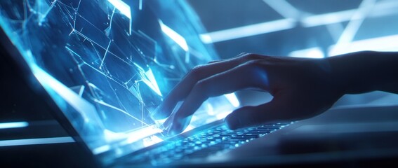Hand using futuristic glowing laptop.