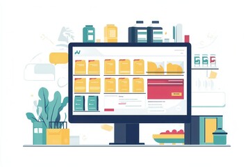 Fototapete - Stylized flat design online grocery order summary on a digital screen in a modern kitchen setting