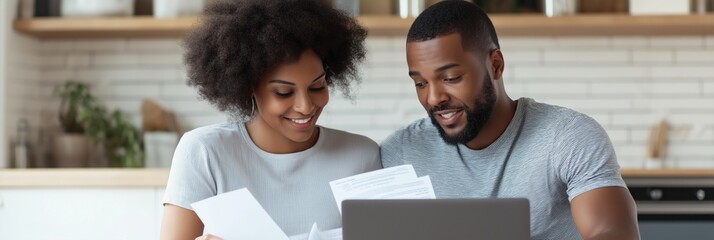 A man and woman are sitting at a table looking at a laptop. They are looking at papers and smiling