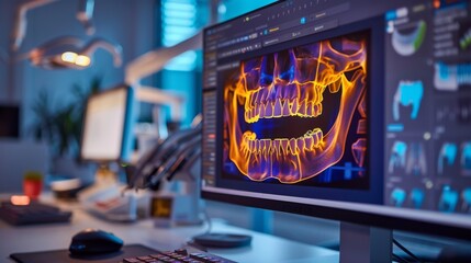 Fototapete - A computer screen in a dental office shows a colorful visualization of a jaw and teeth, highlighting dental structures with advanced imaging technology.