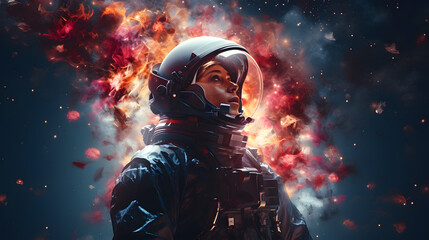 Wall Mural - A woman in a space suit is looking up at a bright light
