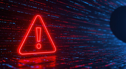 cyber threat alert: glowing red warning sign in data stream tunnel - security, risk, danger, error, 