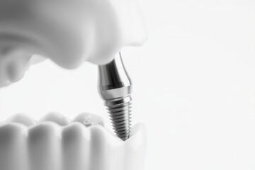 Aufkleber - Detailed close-up of a dental implant being placed into a realistic jaw model with clean lighting and soft shadows
