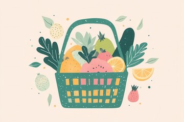 Poster - Fresh fruits and vegetables packed in a green shopping basket on a soft pastel background designed with minimalistic style