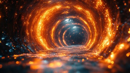 Poster - Glowing tunnel of light creates an enchanting journey through vibrant colors and intricate patterns in a hyperdetailed, abstract landscape