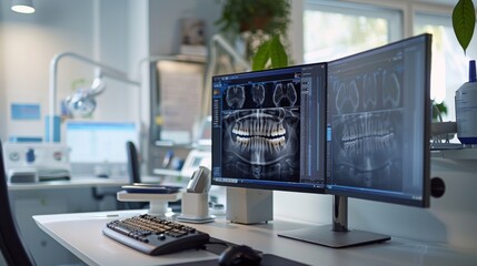 Fototapete - A dental clinic features two monitors displaying detailed dental x rays, showcasing advanced imaging technology. The workspace is bright and well organized, promoting a professional atmosphere.
