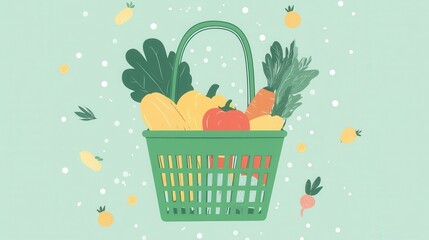 Fototapete - Minimalistic illustration of a green shopping basket filled with fresh fruits and vegetables on a soft pastel background