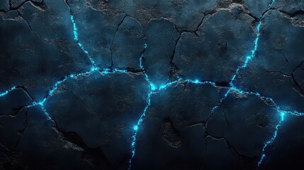 Leinwandbilder - Striking contrast of a broken concrete wall illuminated by blue glowing circuits revealing a world beneath the surface in a surreal urban environment