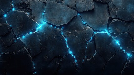 Poster - Visual exploration of a broken concrete wall adorned with blue glowing circuits illuminating the cracks, blending urban decay with futuristic elements