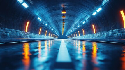 Poster - Exploring the depths of a luminous tunnel, where reflections and vibrant colors create an otherworldly journey