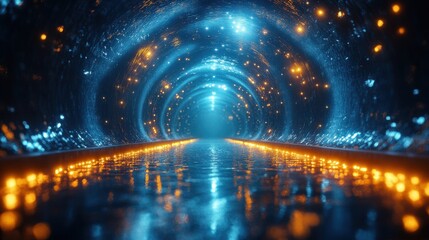 Poster - Shimmering pathway illuminates the depths of a surreal tunnel, blending science fiction with stunning realism in an otherworldly experience