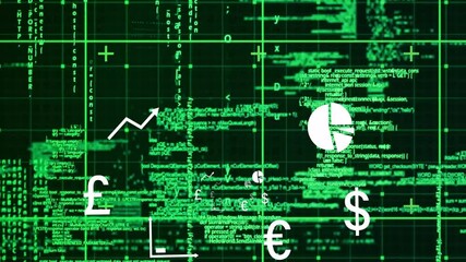 Wall Mural - green digital code and data processing animation on dark grid background