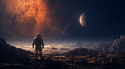 Wall Mural - A man in a space suit stands on a rocky planet