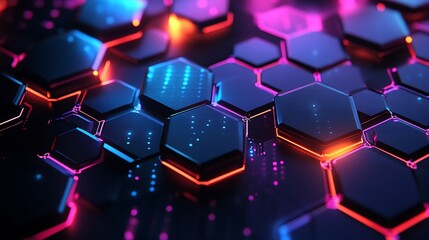 Wall Mural - futuristic abstract background with glowing hexagons: high-tech design, technology, modern, cyberpun