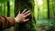 © Bruno Adachi - A person's hand touching a tree trunk covered in green moss.