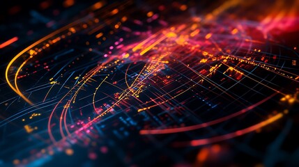 Wall Mural - futuristic abstract technology background with glowing lines and data streams in red, orange, and bl