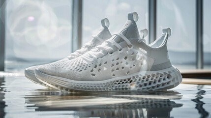 Aufkleber - White running shoes are showcased on a reflective surface, highlighting their modern design and elegant silhouette against a softly lit background.