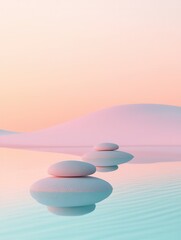 Aufkleber - Minimalist zen-inspired background with smooth pebbles reflecting in tranquil pastel water at sunrise, creating a serene atmosphere