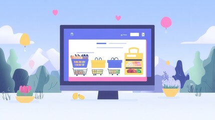Fototapete - Stylized flat design illustration of an online grocery order summary displayed on a digital screen in a modern setting