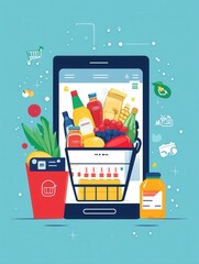 Fototapete - Stylized flat design of online grocery order summary on a digital screen showcasing modern grocery shopping experience