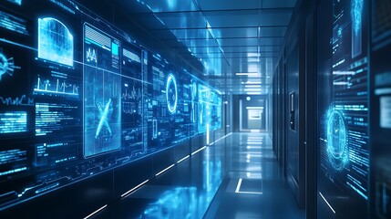 Wall Mural - futuristic data center hallway with holographic displays, blue tones and advanced technology visuali